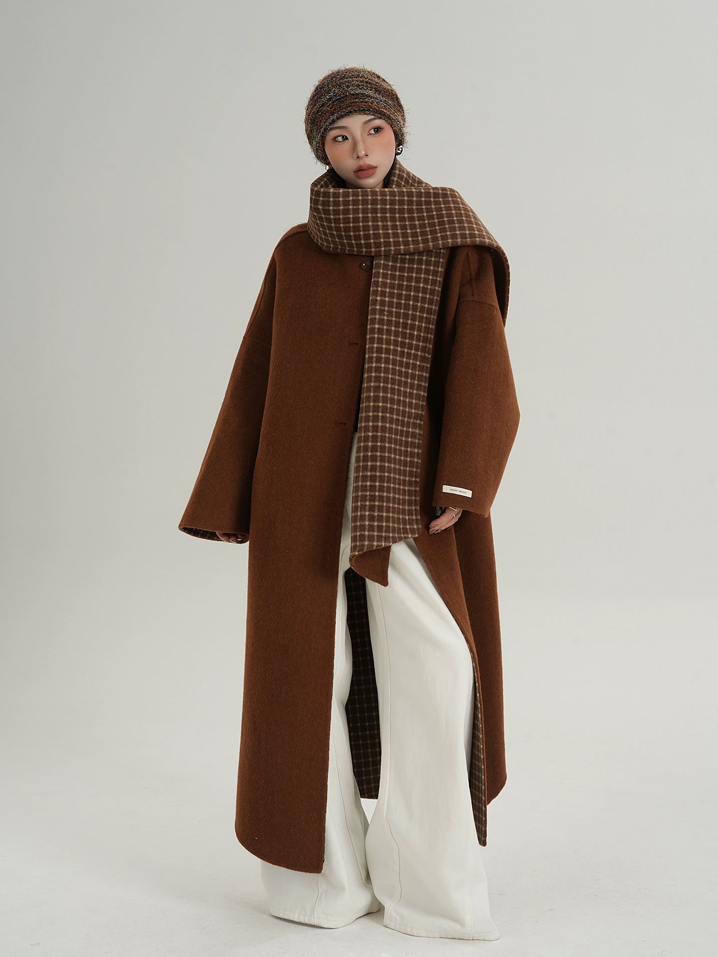 Collarless Coat with Checkered Scarf SRS0405