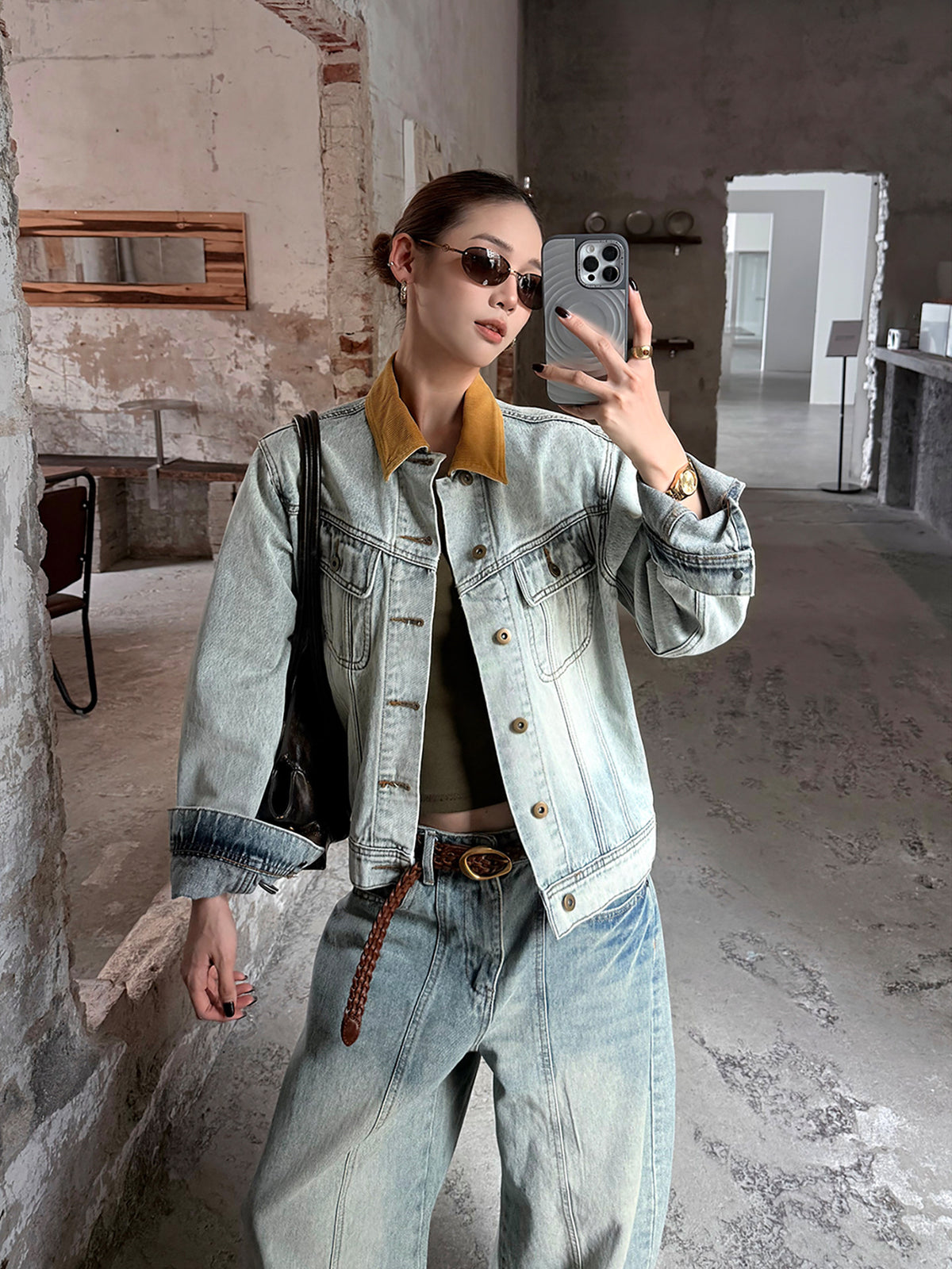 Color-Block Lapel Denim Jacket WWP0002