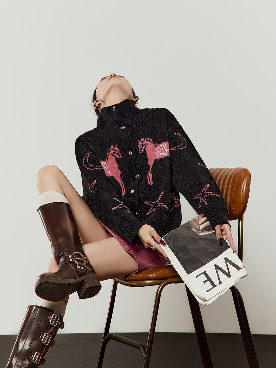 Stand Collar Knit Top/Pink Mini Skirt LLA0611