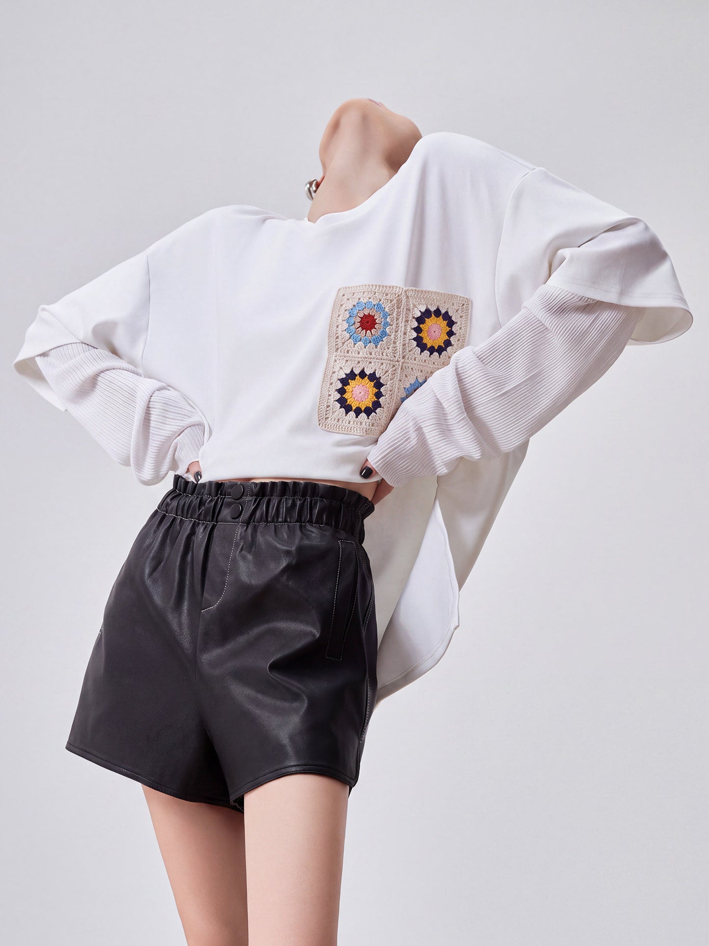 Crochet Flower Pocket Oversized Top FER0367