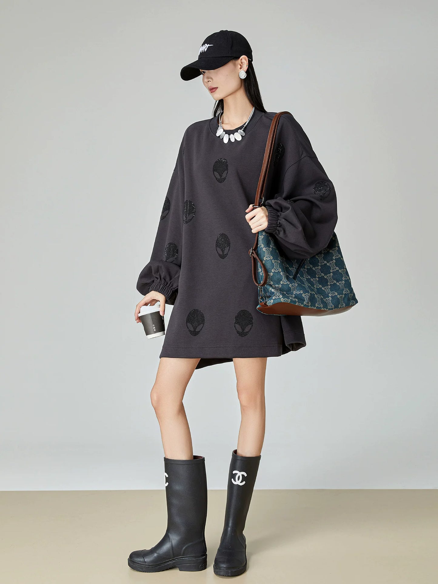 Black Rhinestone Sweatshirt Dress FER0068