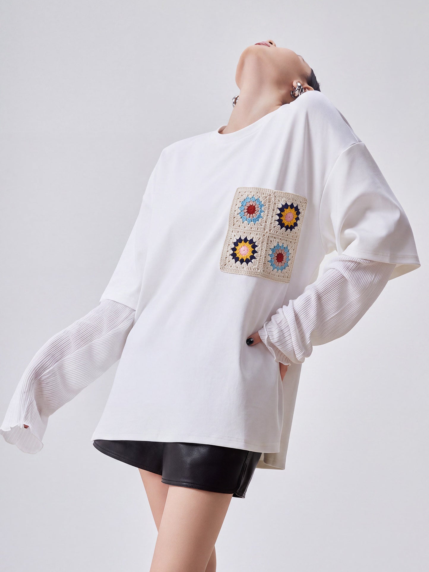 Crochet Flower Pocket Oversized Top FER0367