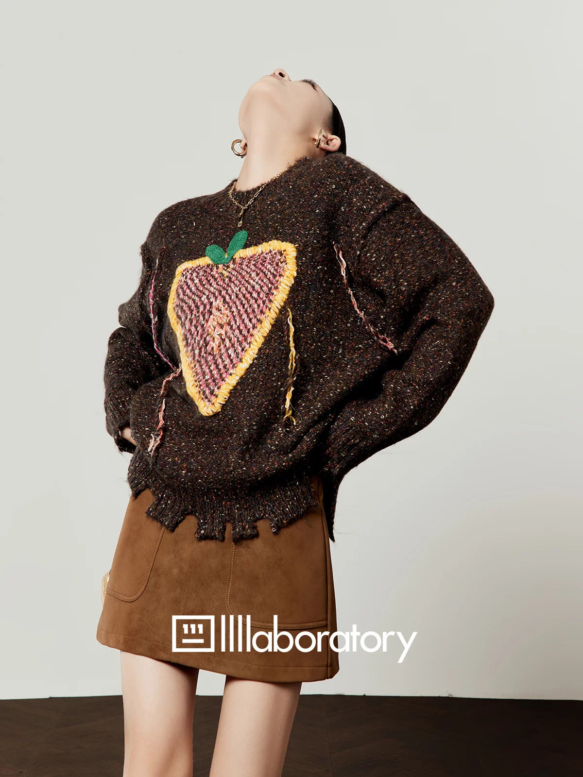 Strawberry Round Neck Knit Top / Brown Mini Skirt LLA0618