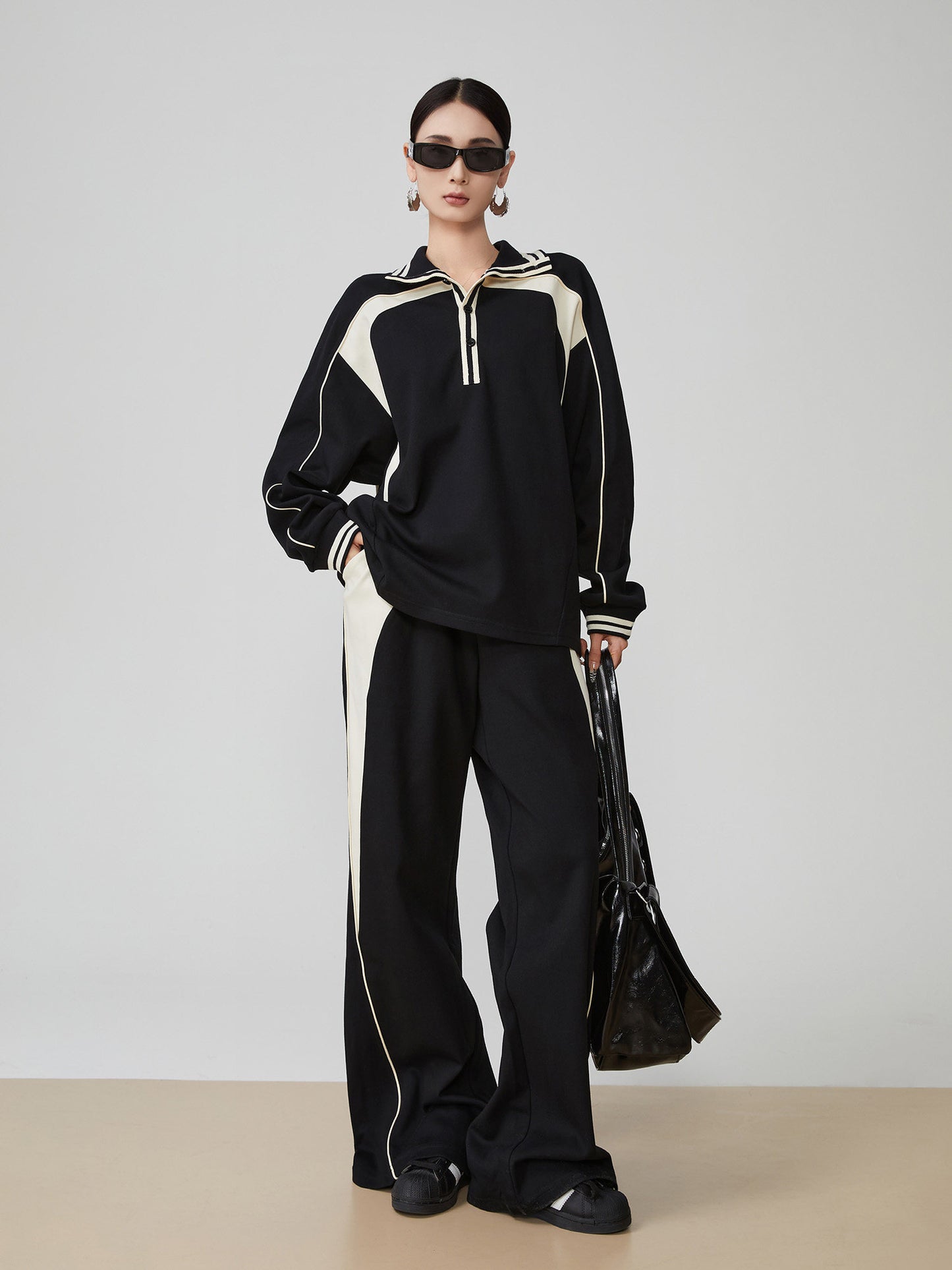 Color-Contrast Collared Long-Sleeve / Casual Wide Pants  FER0378