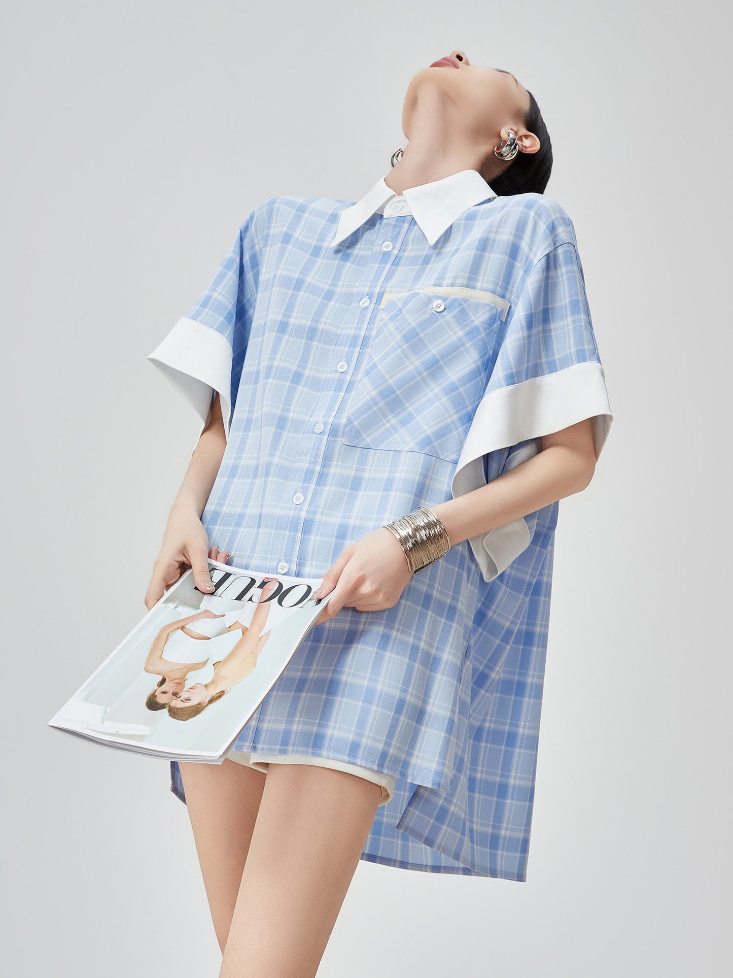 Plaid Patchwork Short-Sleeve Shirt FER0178