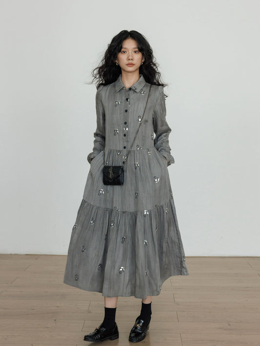 Long-Sleeve Shirt Flare Long Dress VAS0159