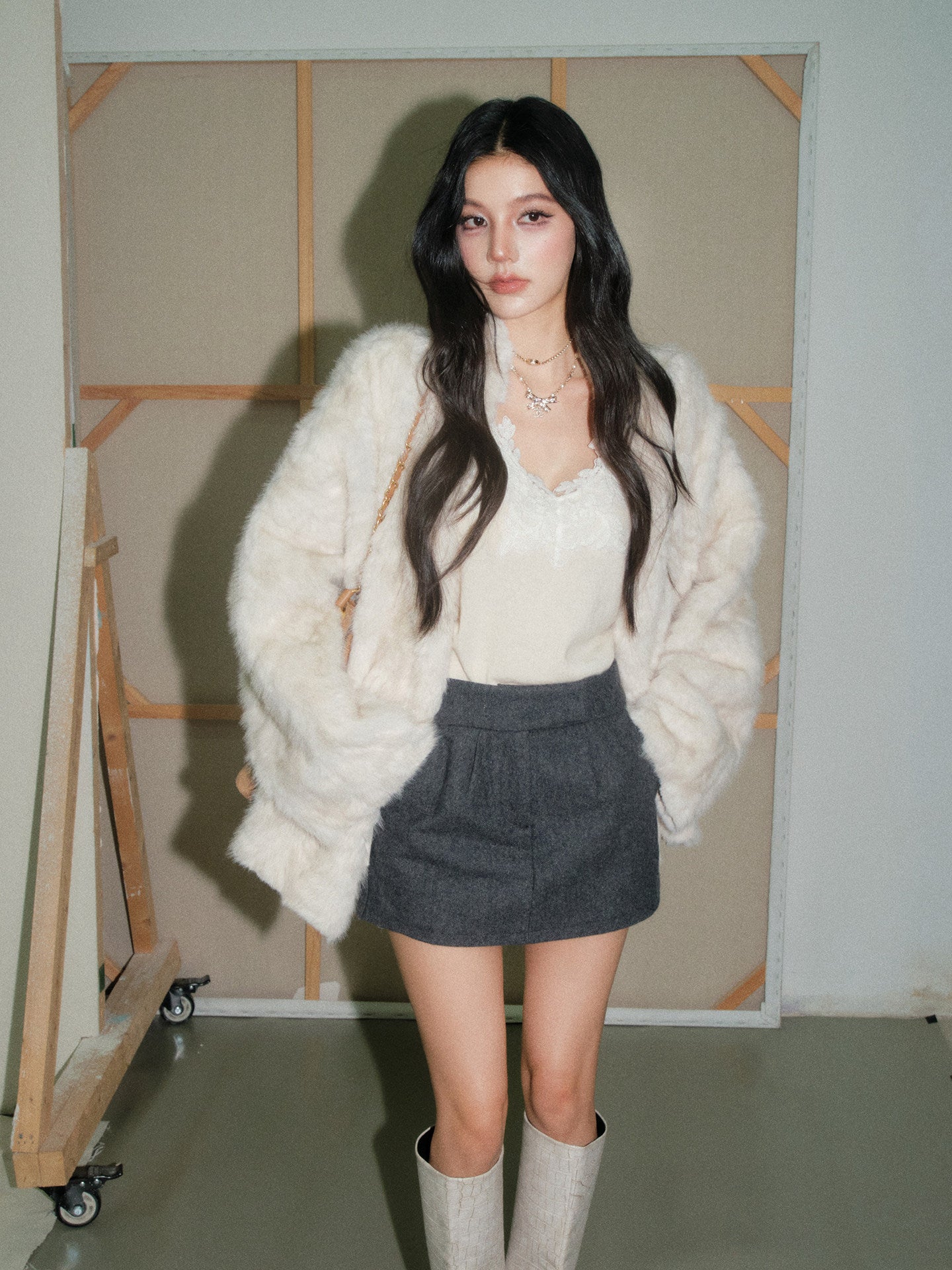 Collarless Fur Coat/Mini Skirt OLD0003