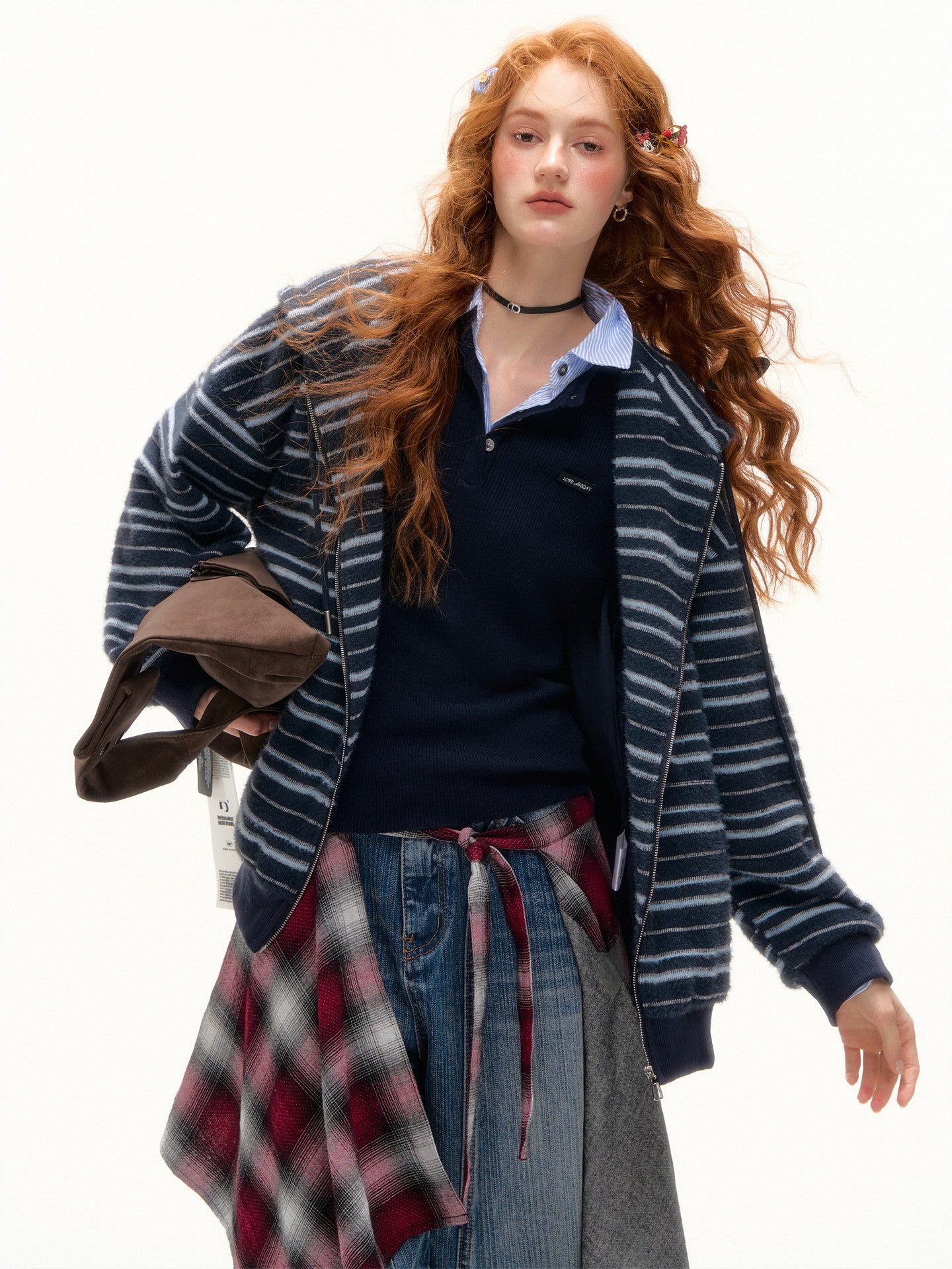 Striped Cat Ear Hoodie / Layered-Style Design Shirt ASG0076