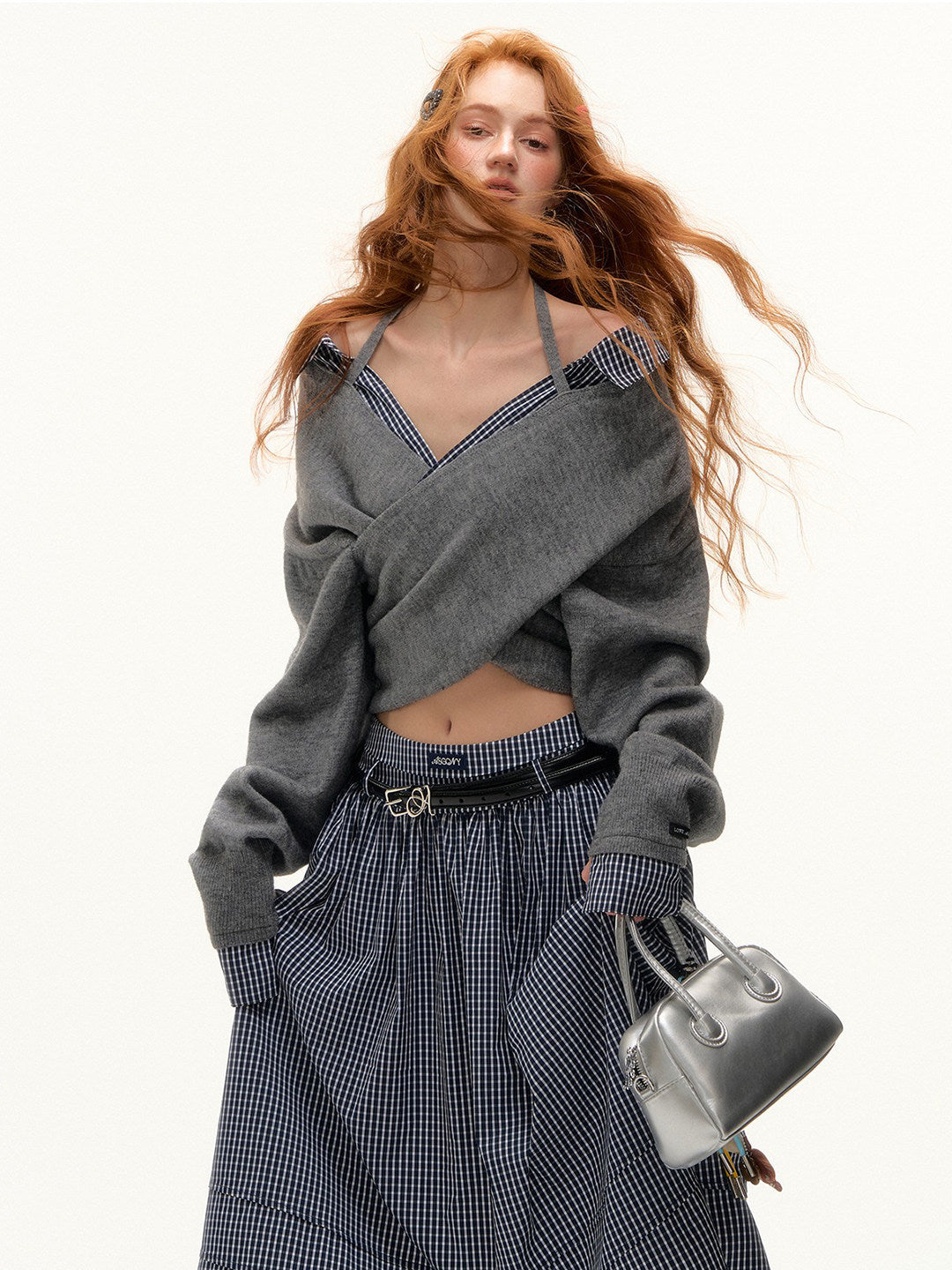 Front Wrap Knit Top/Gingham Check Skirt ASG0074