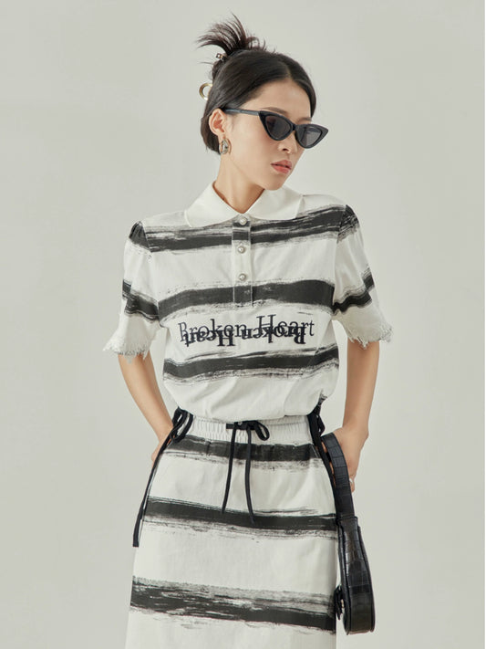 Striped Polo Collar Shirt / Long Skirt LLA0060