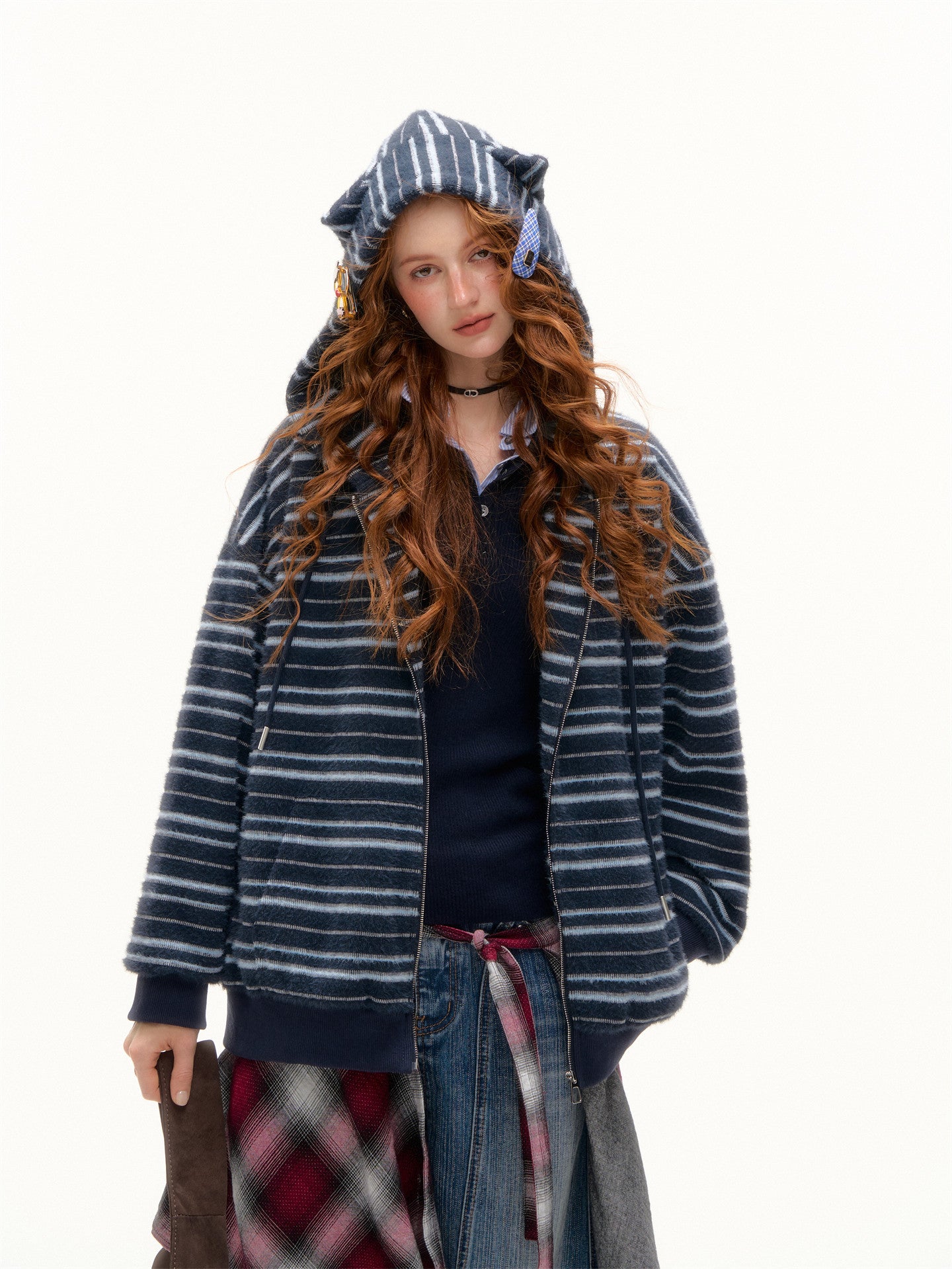 Striped Cat Ear Hoodie / Layered-Style Design Shirt ASG0076