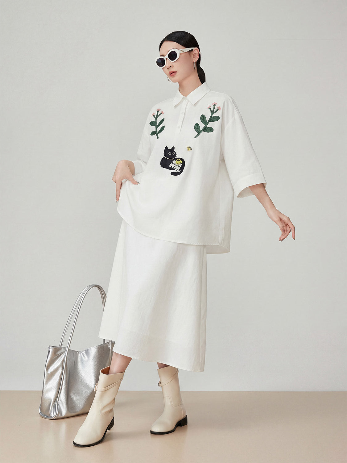 Cat Embroidered Short-Sleeve Shirt / White Long Skirt FER0211