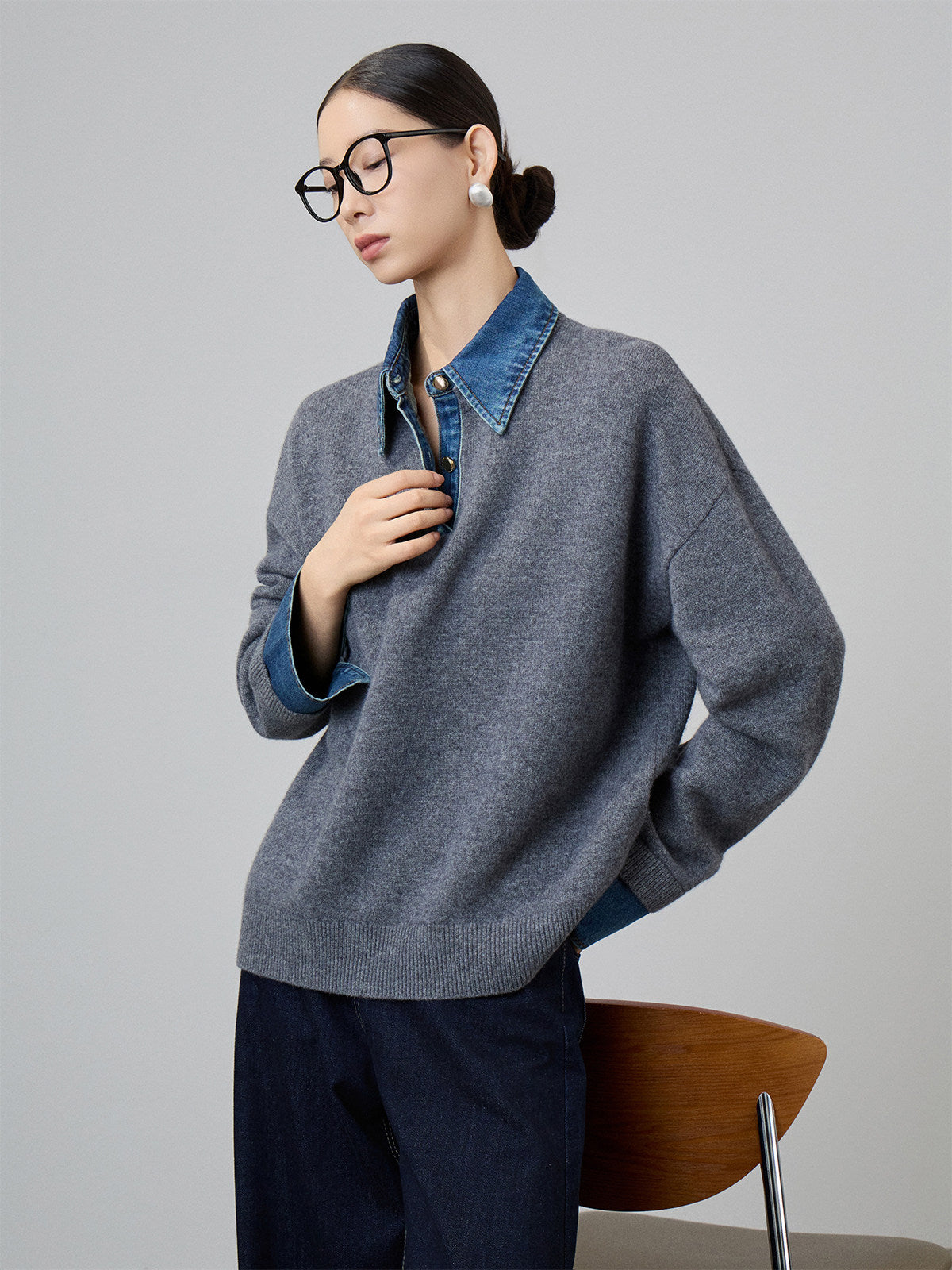 Denim Shirt Docking Knit Top SUY0025