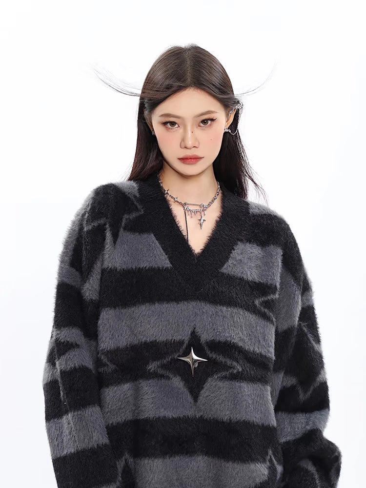 Striped Shaggy Knit Tops CCS0023