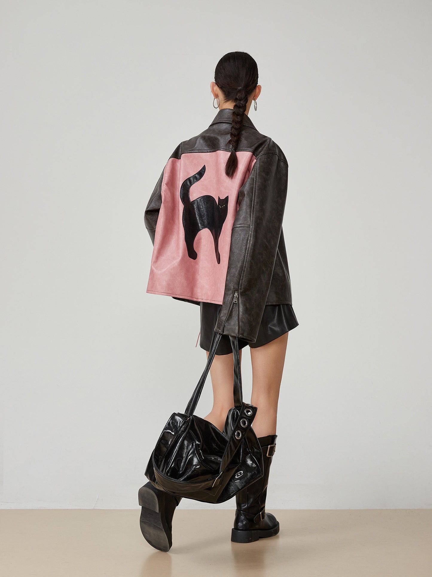 Cat Patch Embroidery Leather Jacket FER0062