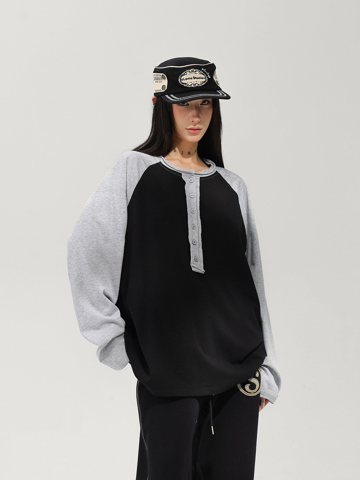 Henley Neck Raglan Sleeve Long-Sleeve T-Shirt ACS0382