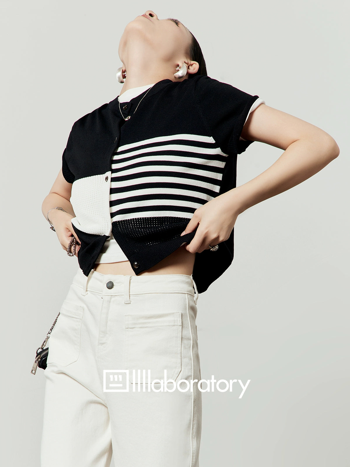 Color Block Stripe Knit / White Denim Pants LLA0496