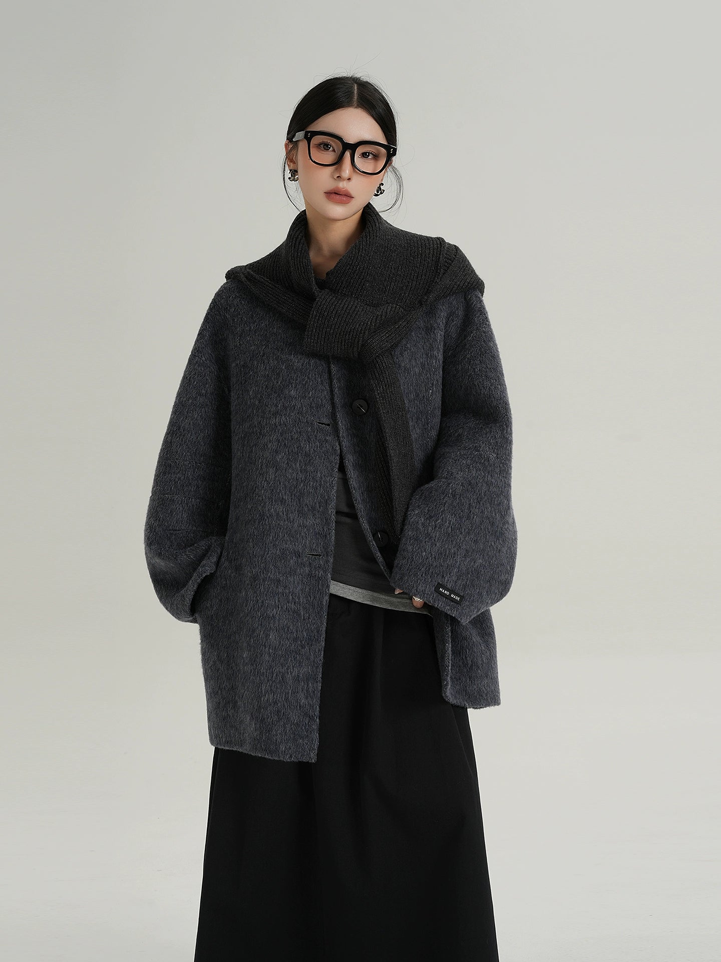 Hood Scarf Mid Length Wool Coat SRS0358