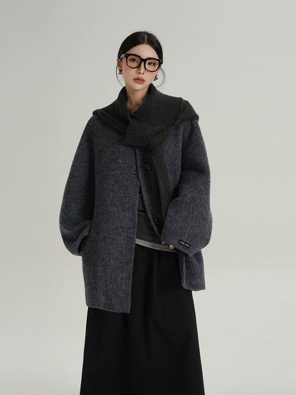 Hood Scarf Mid Length Wool Coat SRS0358