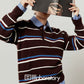 Polo Collar Coffee Knit/Blue Striped Shirt/Brown Knit Skirt LLA0540