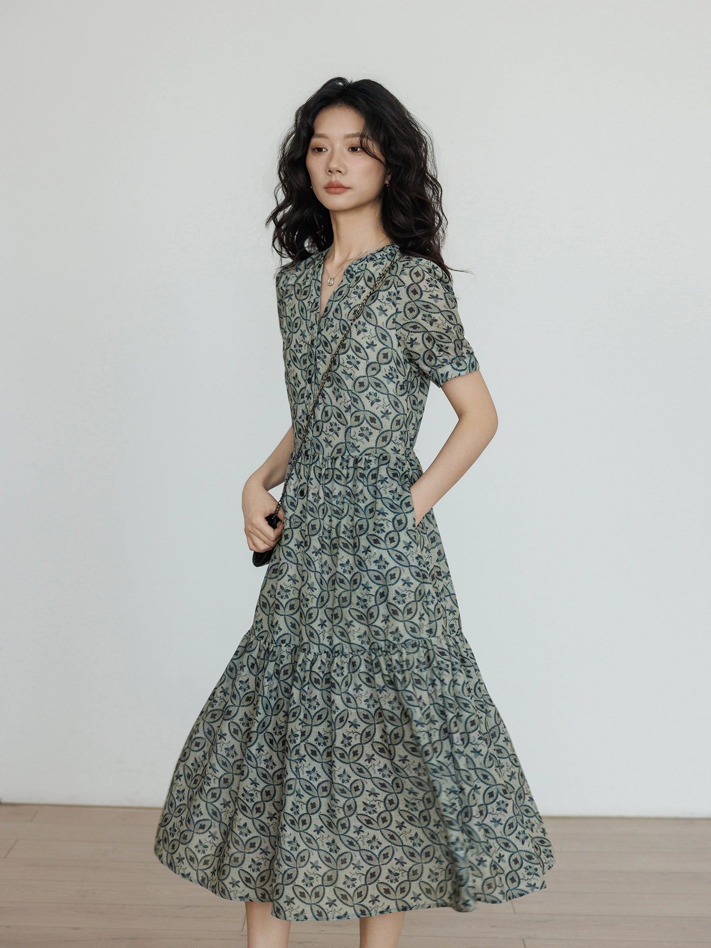 V-Neck Botanical Long Dress VAS0065