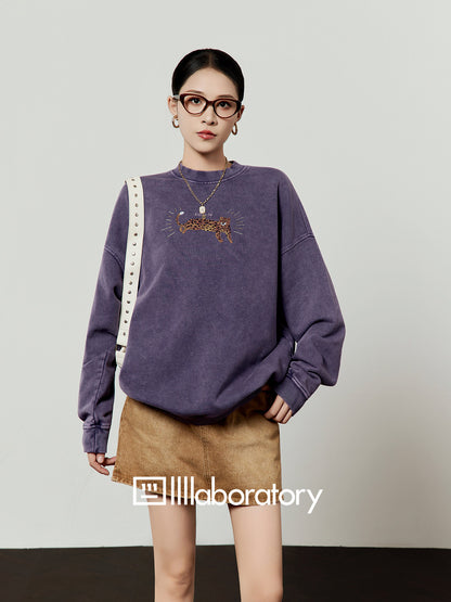 Tiger Motif Crewneck Top/Khaki Denim Skirt LLA0610