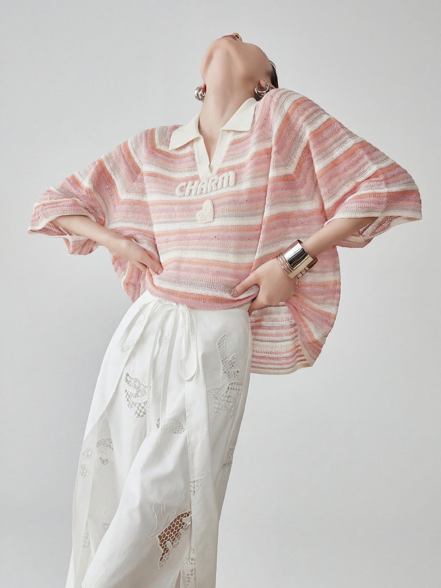 Sheer Border Pattern Polo Sweater FER0351