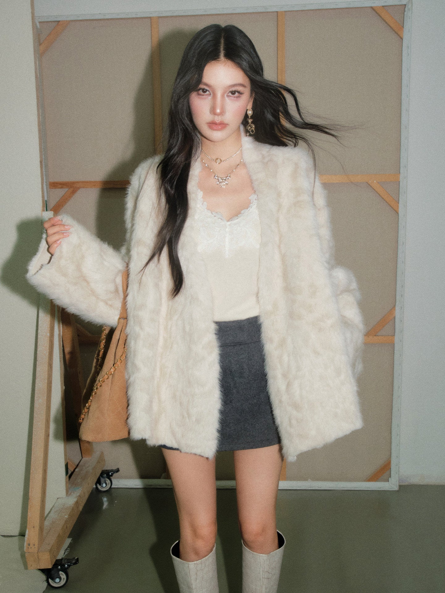 Collarless Fur Coat/Mini Skirt OLD0003