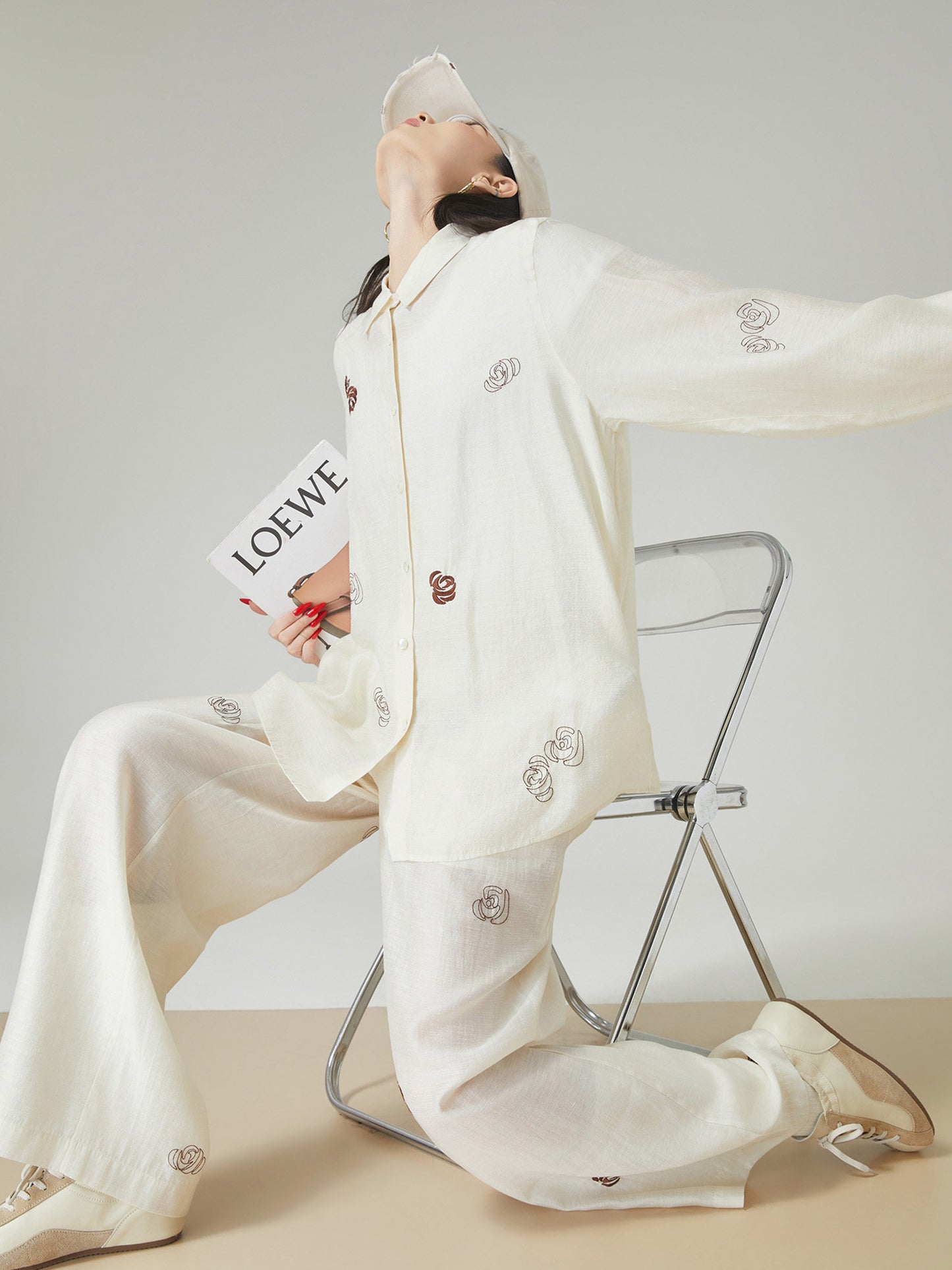 Rose Embroidered Long-Sleeve Shirt / Wide Pants FER0101