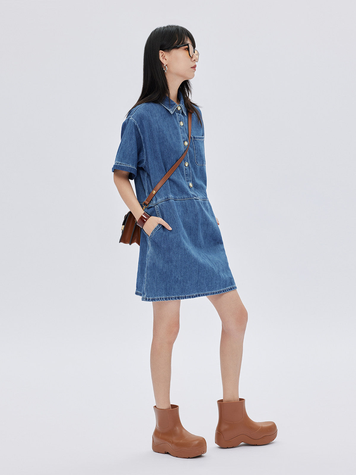 Polo Collar Denim Shirt Dress SHN0035