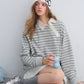 Button Lace Collar Striped Top ASG0085