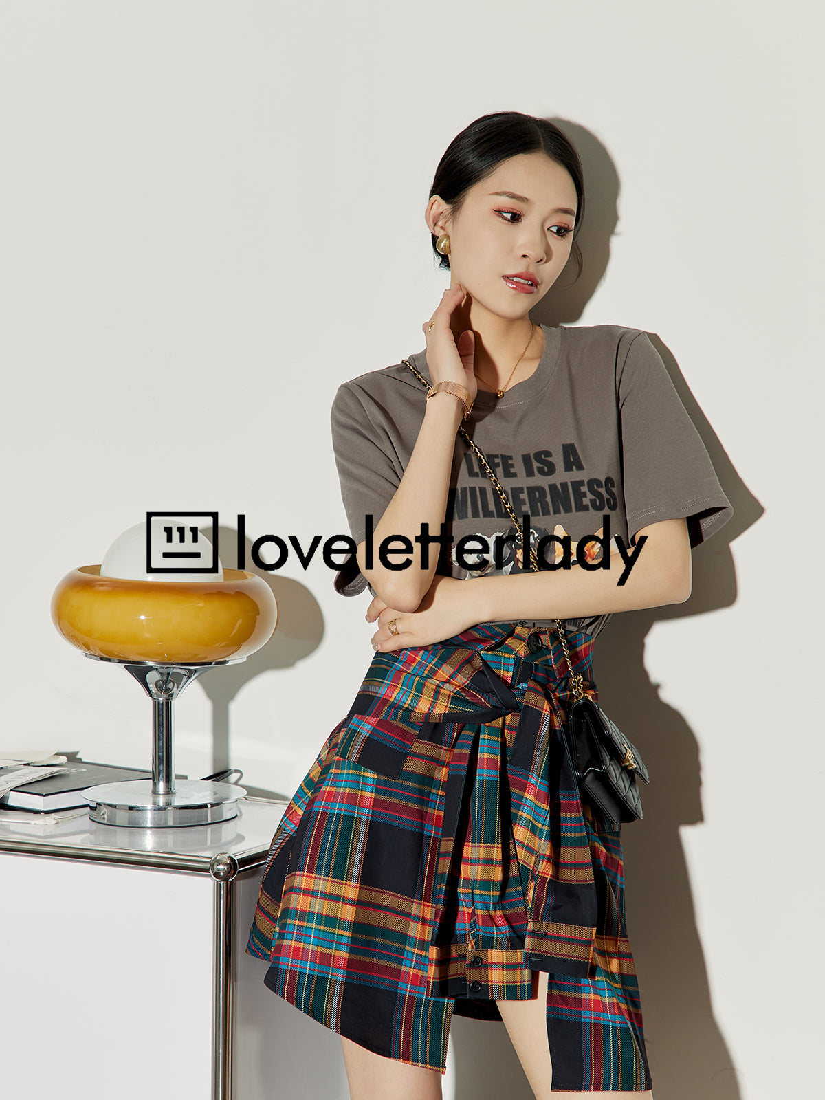 American Printed T-Shirt Check Skirt LLA0215