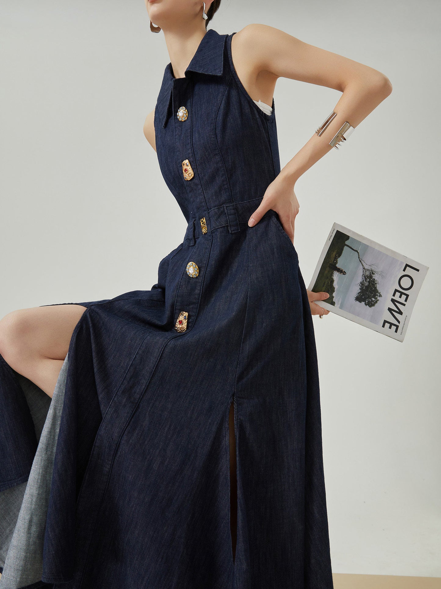Gold Button Denim Sleeveless Dress FER0132