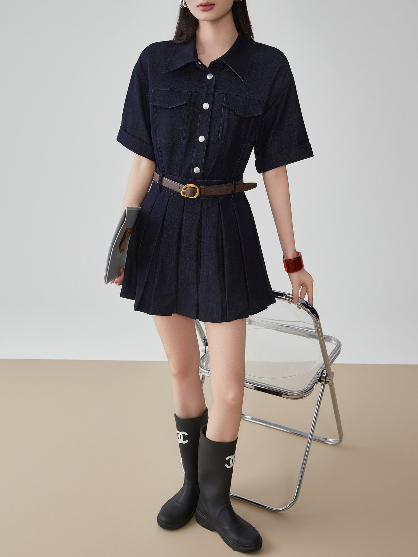 Ruffle Polo Collar Denim Dress FER0105