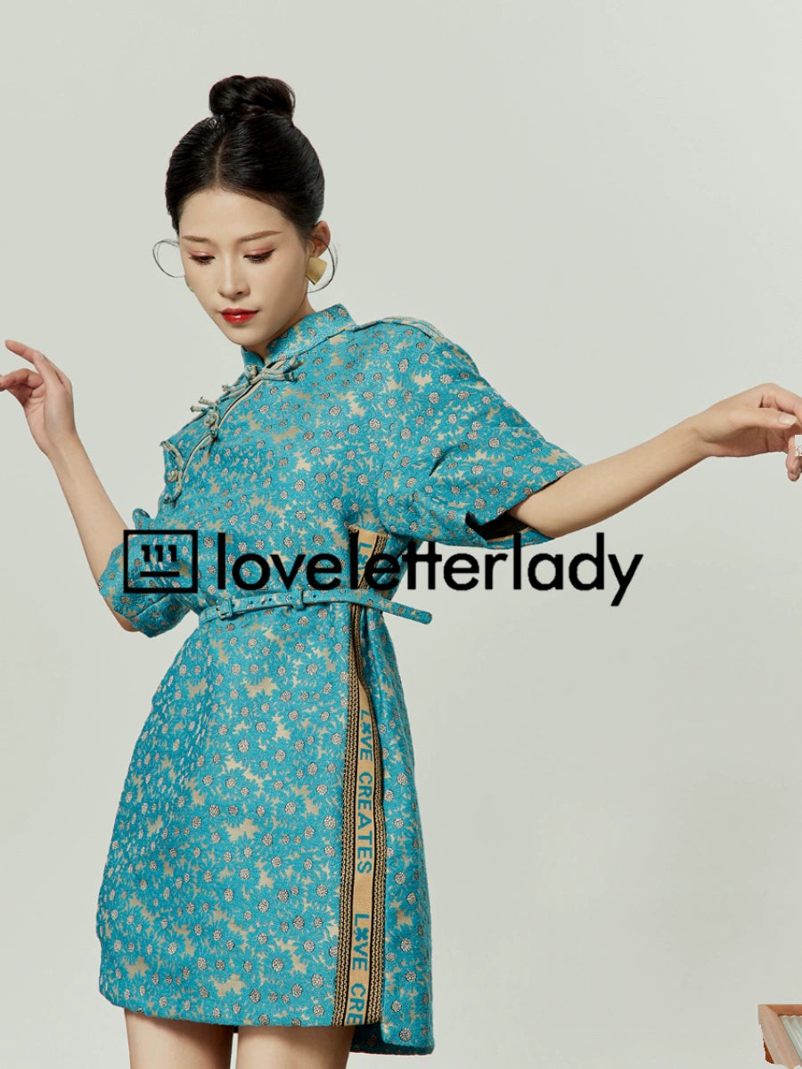 Blue Stand Up Collar Jacquard Dress LLA0048