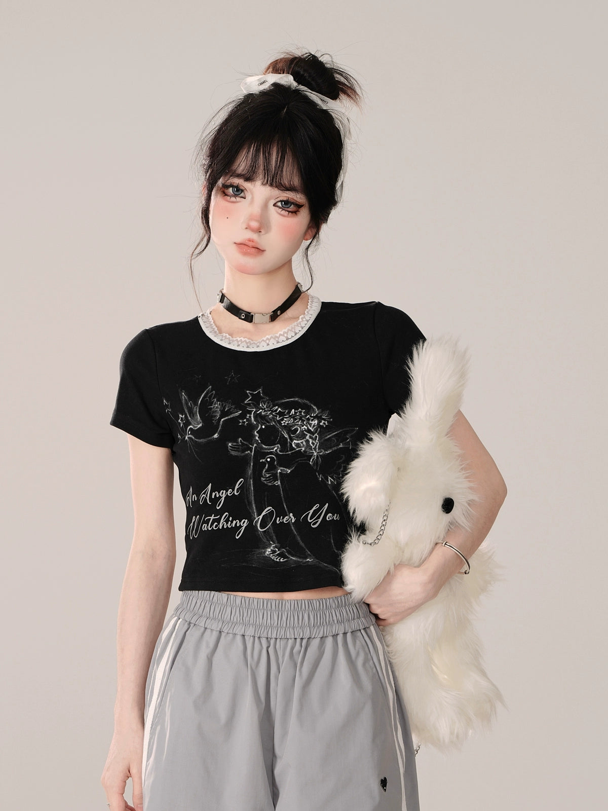 Cropped Lace Crew Neck T-Shirt KLS0004