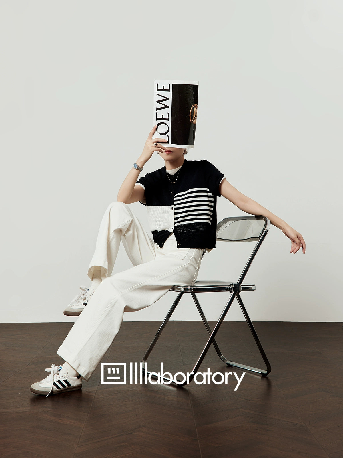 Color Block Stripe Knit / White Denim Pants LLA0496