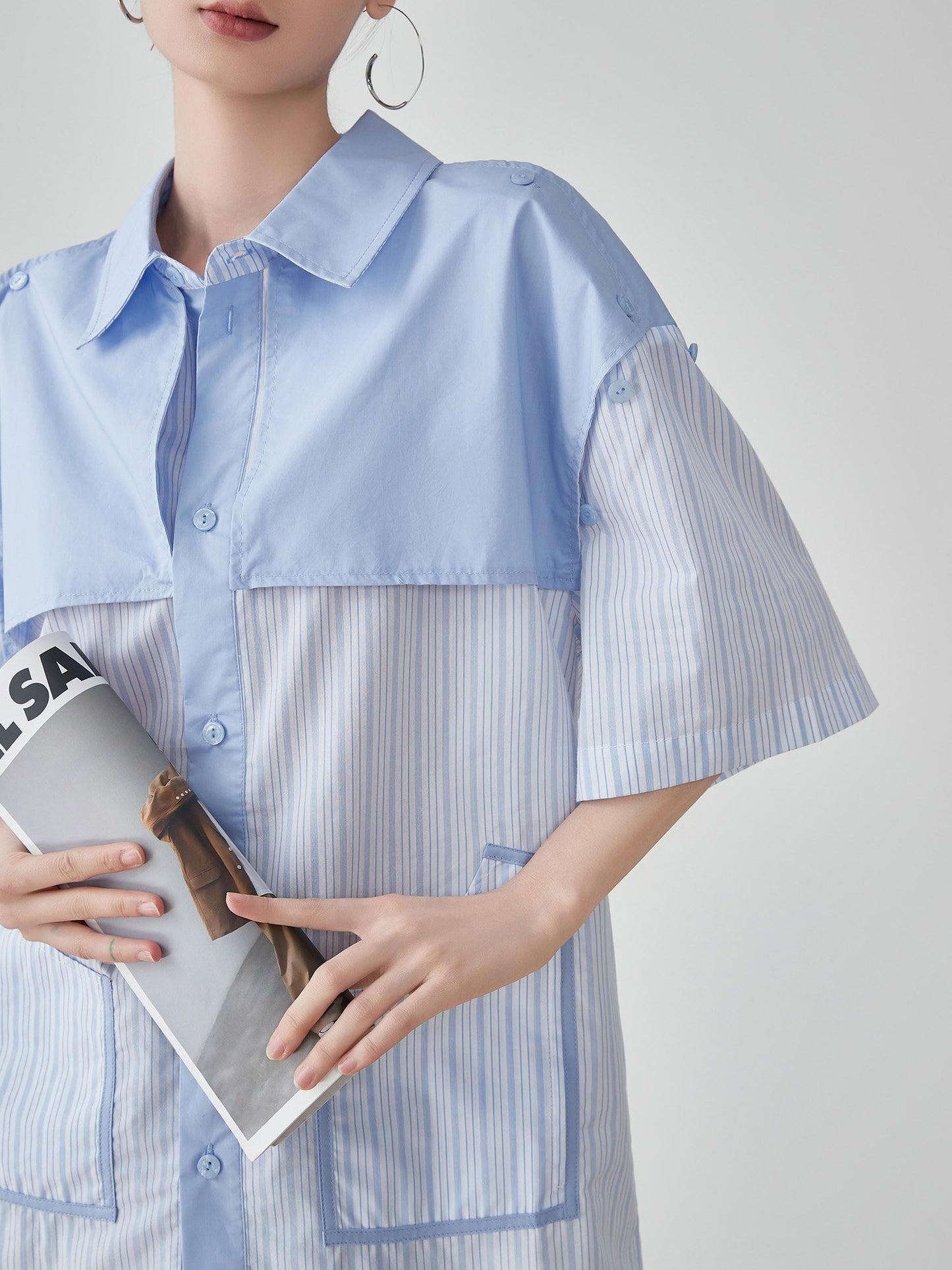 Blue Striped Patchwork Short-Sleeve Shirt FER0183