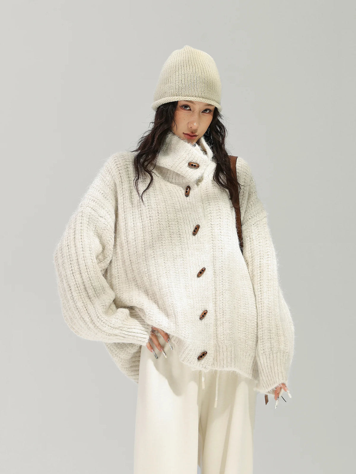 Stand Collar Ribbed Knit Cardigan ACS0392