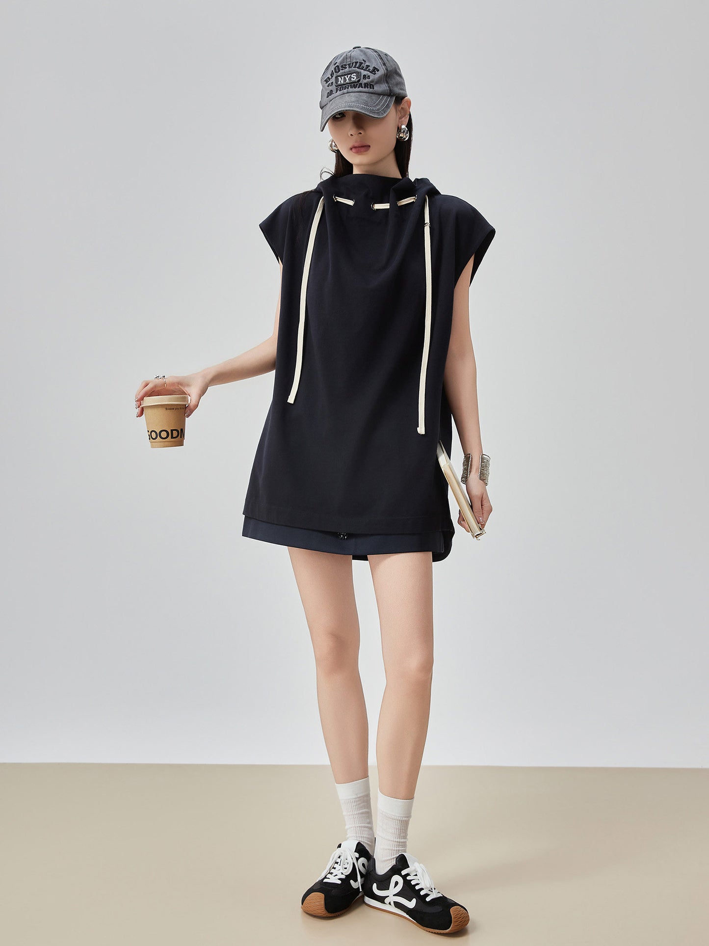 High-Neck Drawstring French Sleeve Top FER0222