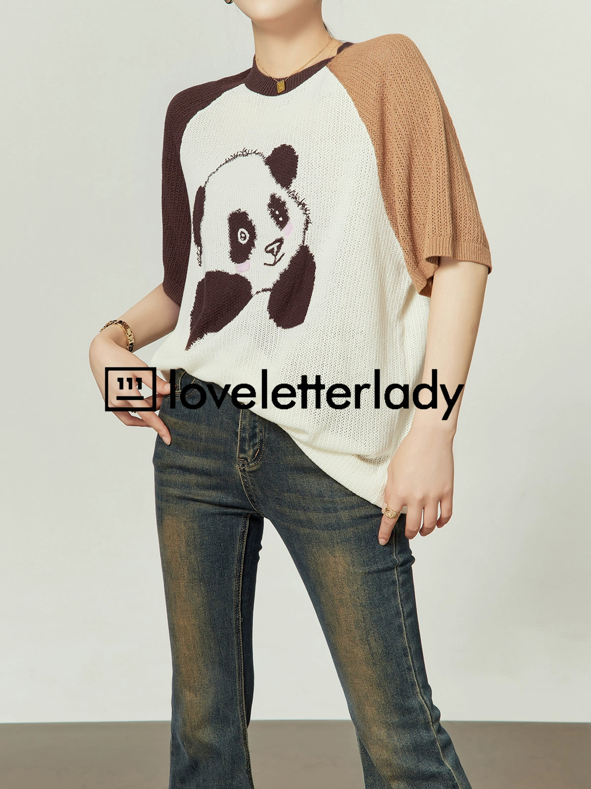 Panda Raglan Summer Knit / Denim Flare Pants LLA0211