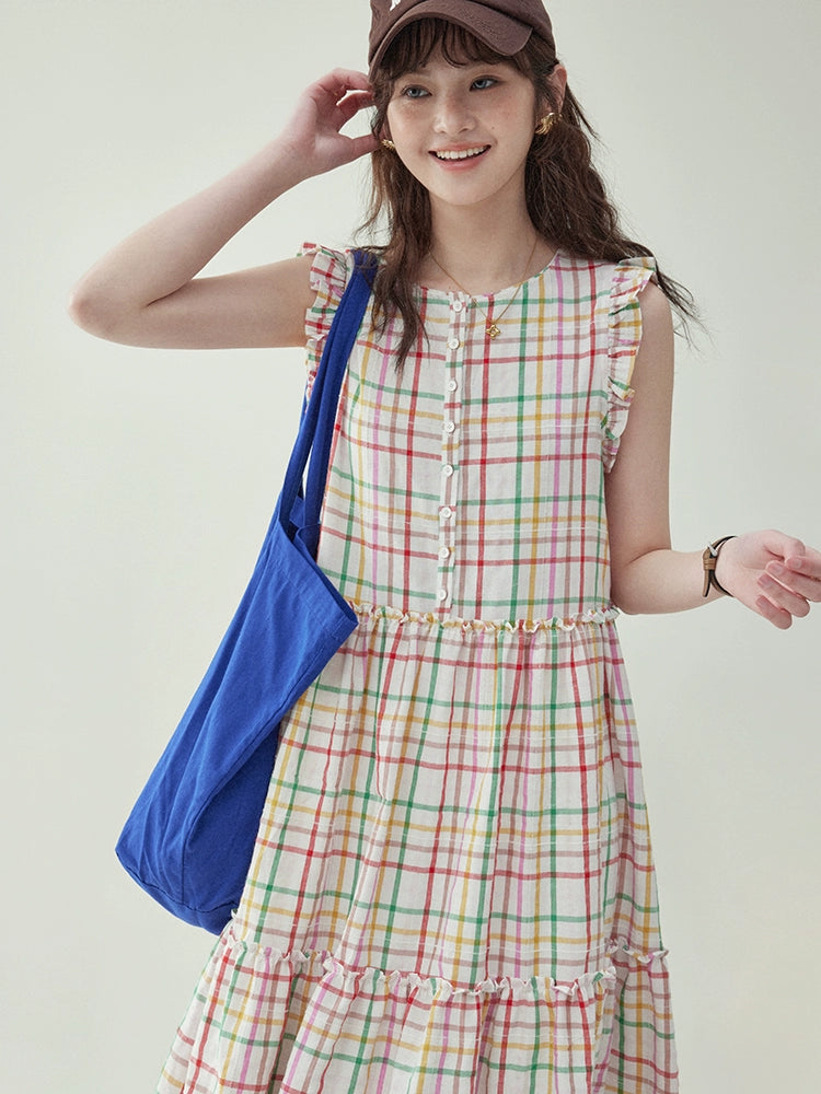 Colorful Check Cotton Sleeveless Dress AMU0019