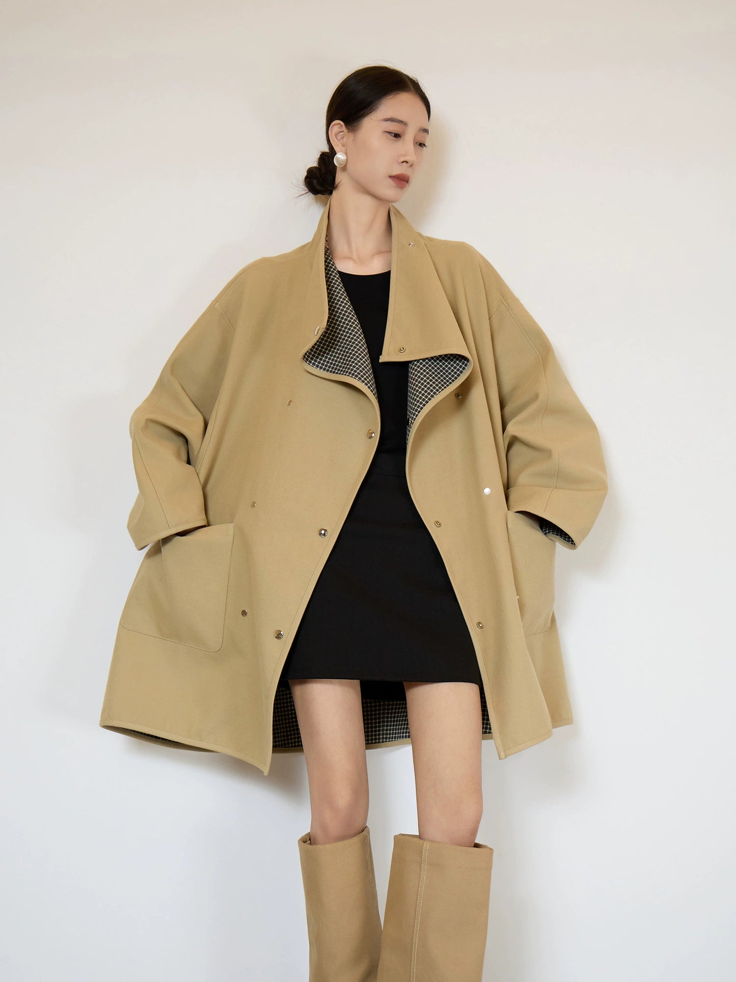 Khaki Plaid Patchwork Trench Coat  SUY0005