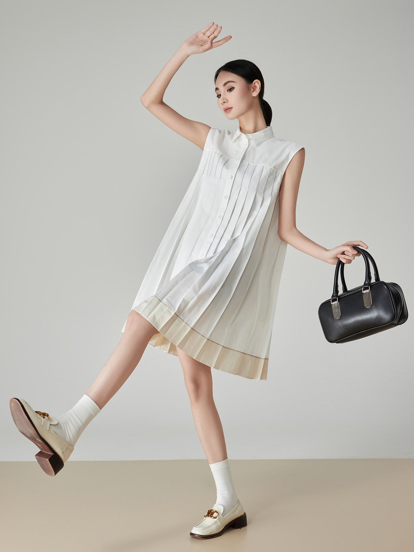 Sleeveless Shirt Pleated Dress FER0174