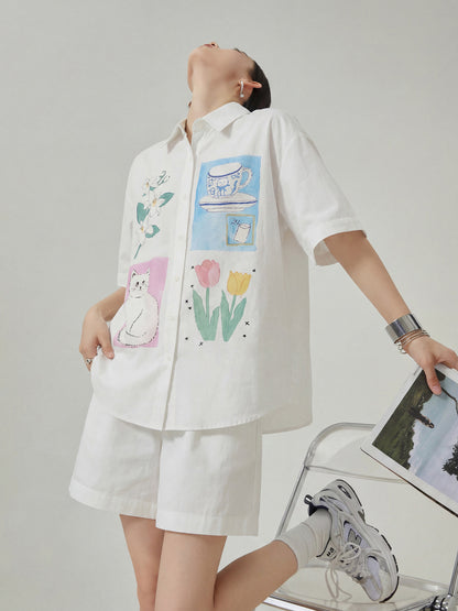 Flower Print Short Sleeve Shirt / Shorts FER0308