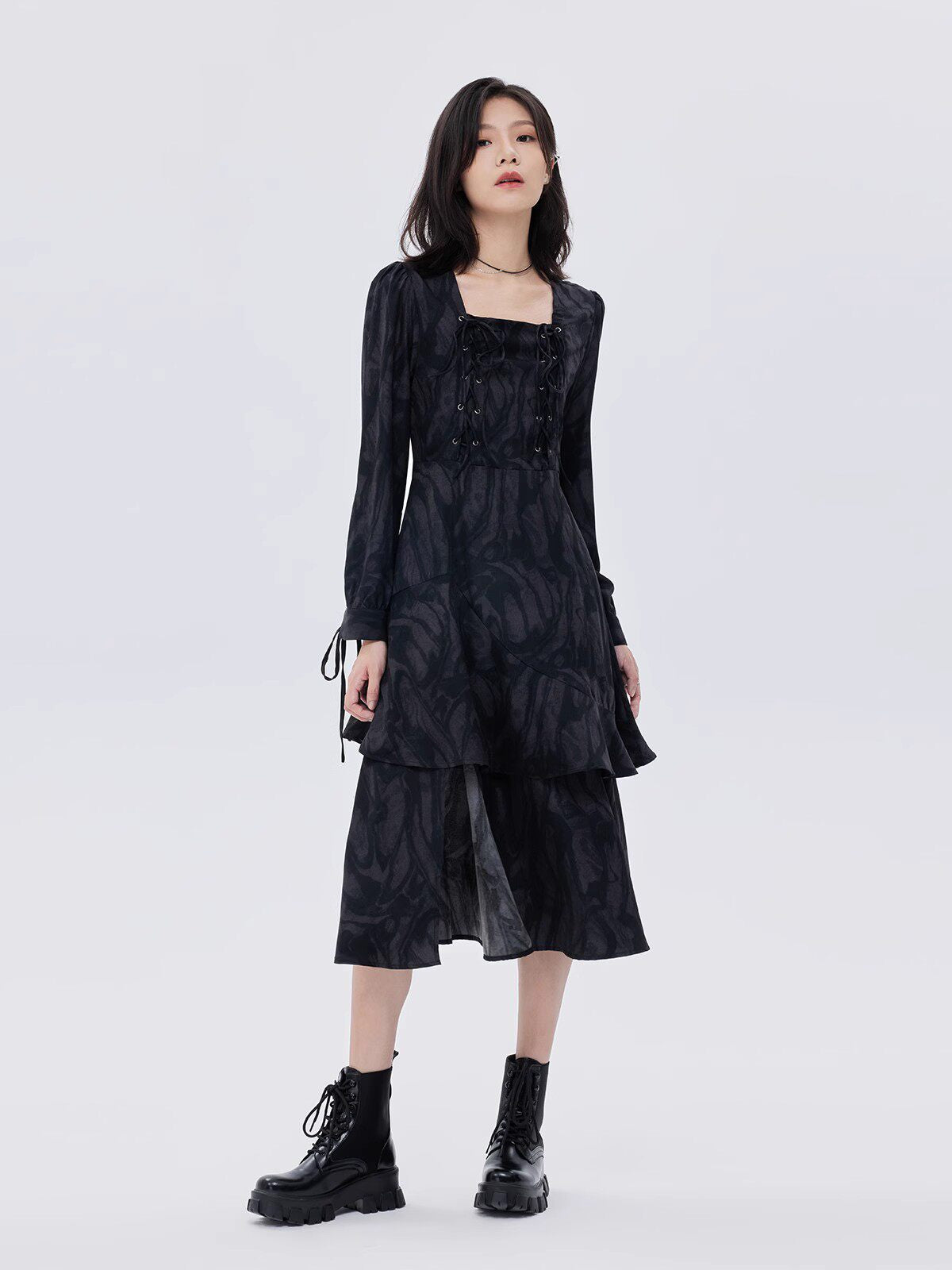 Marble Mid-Length Black Dress SHN0051