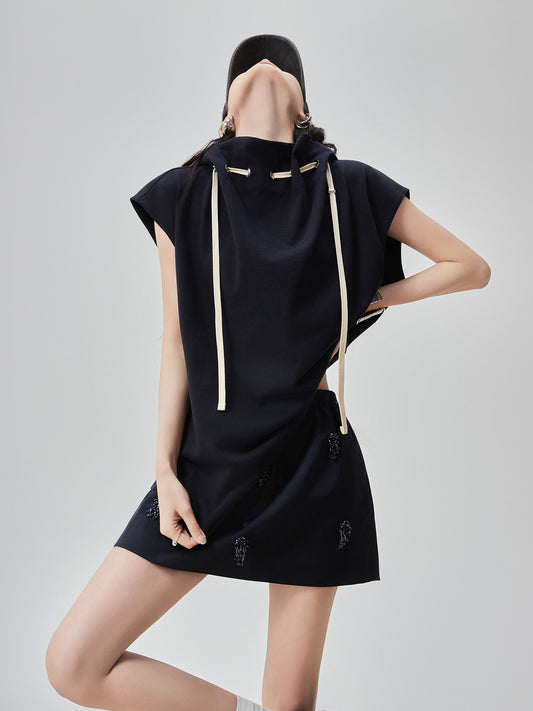 High-Neck Drawstring French Sleeve Top FER0222