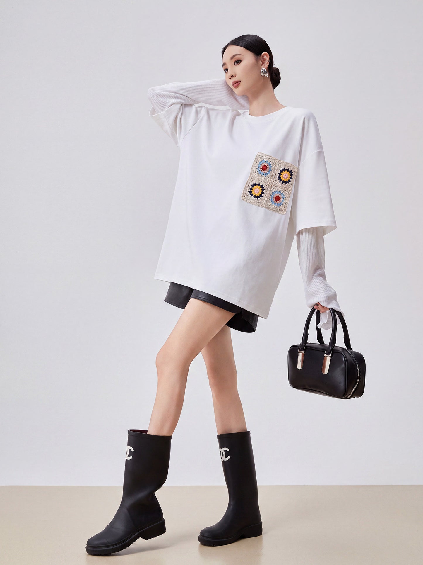 Crochet Flower Pocket Oversized Top FER0367
