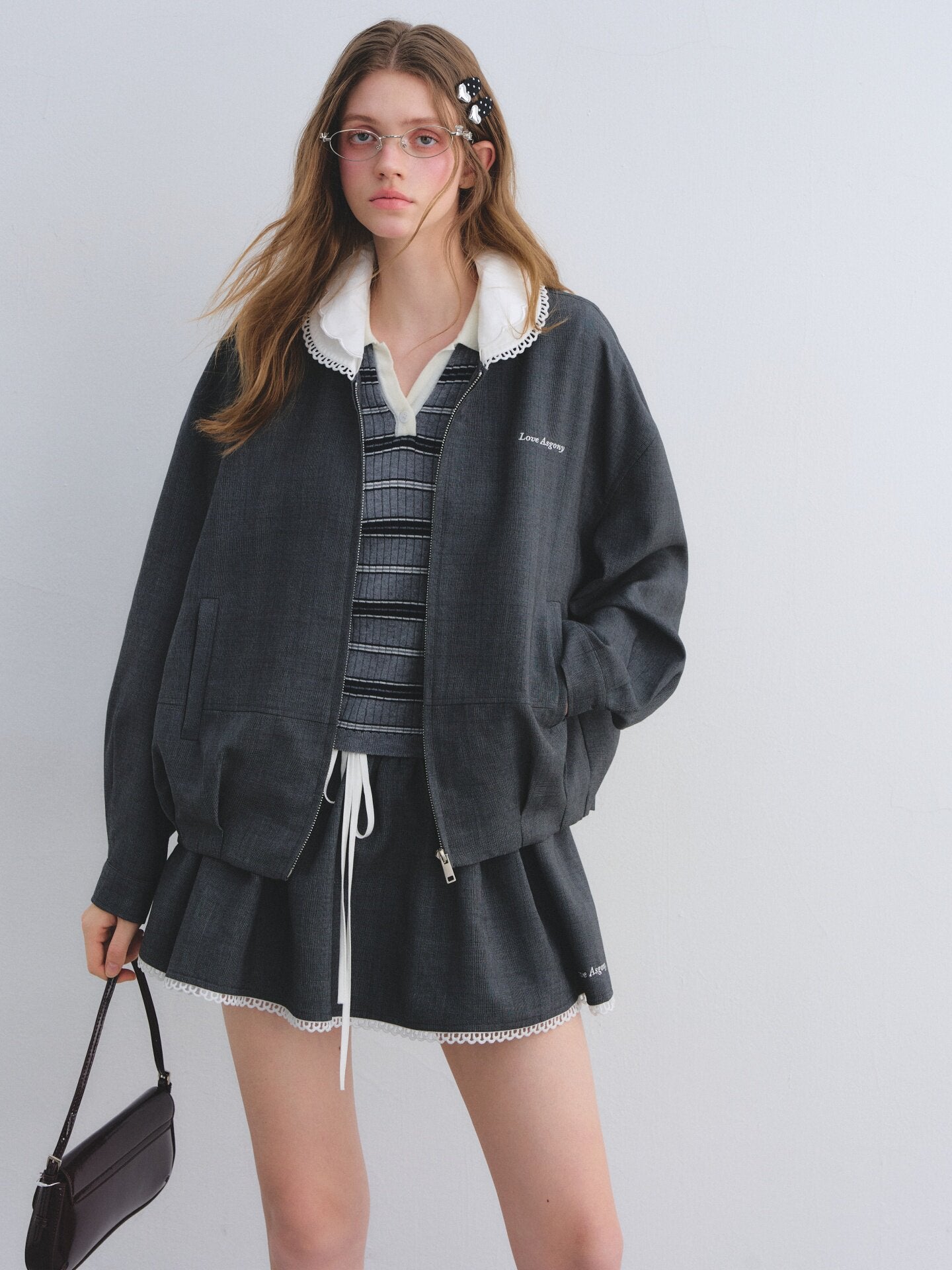 Lace Collar Zip Jacket / Flared Mini Skirt ASG0084