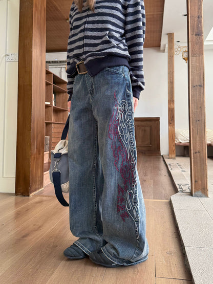 Retro Embroidered Bamboo Denim Pants CYE0048